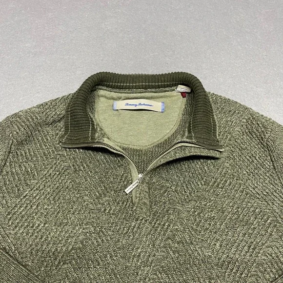 Tommy Bahama Sweater Mens Medium Green  Herringbone Knit Pima Cotton 1/4 Zip - Picture 4 of 11